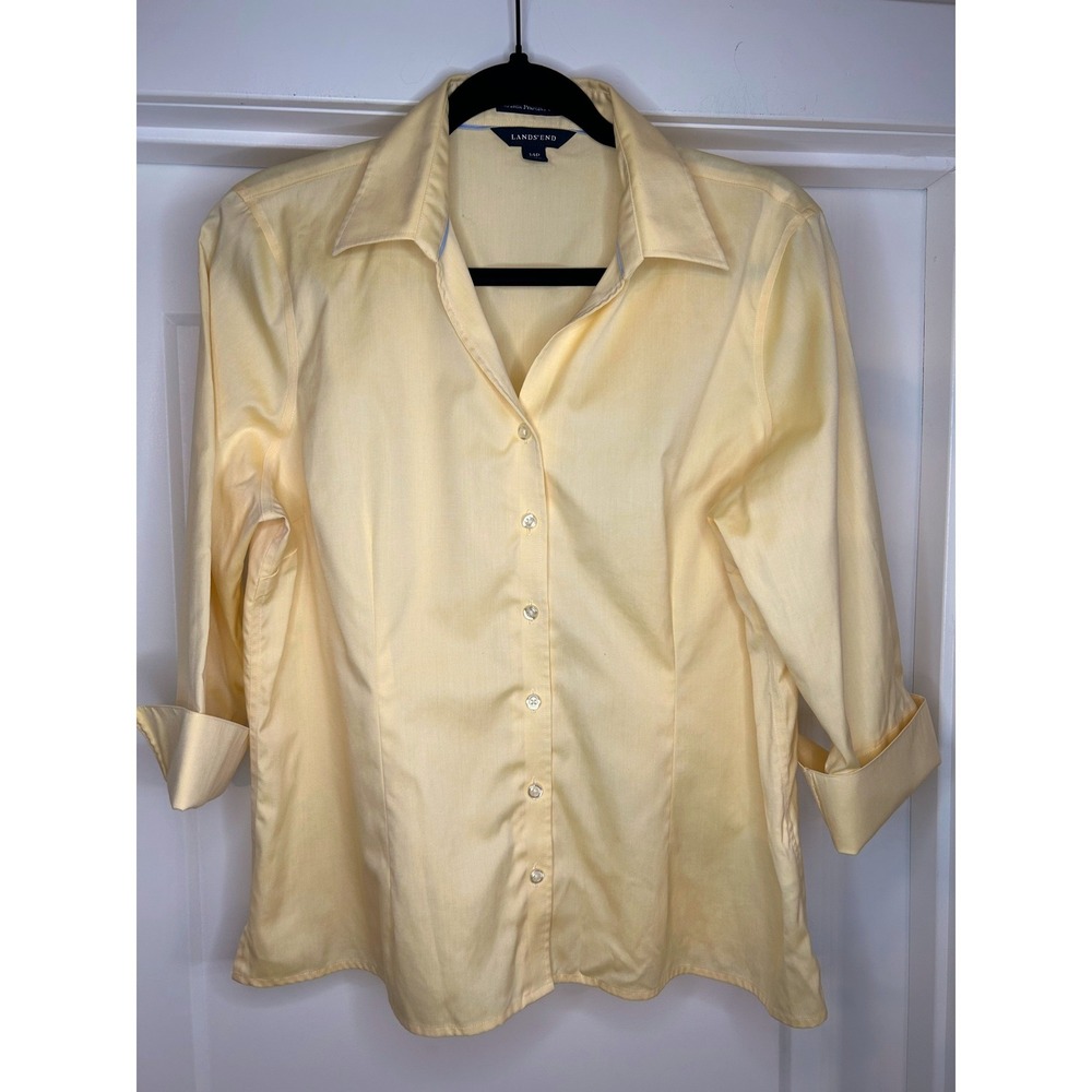 Lands End No Iron Pinpoint Oxford Shirt Yellow 14P Petite 3/4 Sleeve Button Down